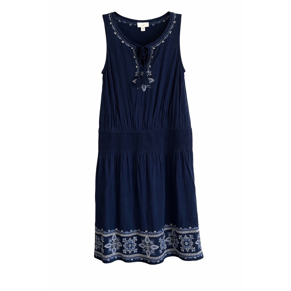 J.Jill Navy Embroidered Boho Dress XS Tassel Smocked Waist Romantic